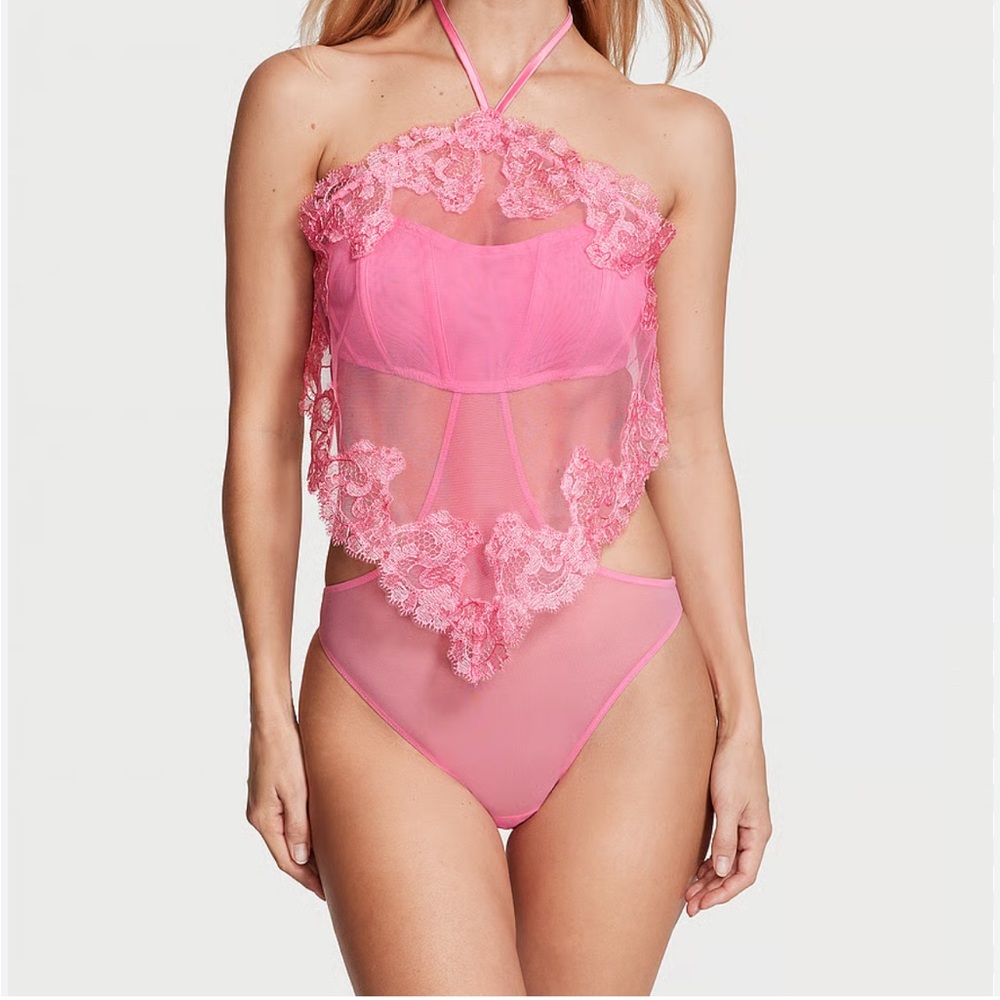 NWT Victoria’s Secret Pink Lace Halter Bodysuit Sizes S